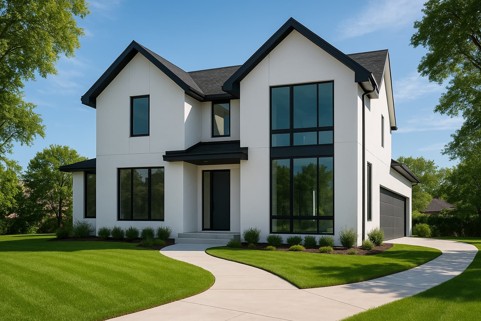 Modern white home with tall windows and a curved front walkway